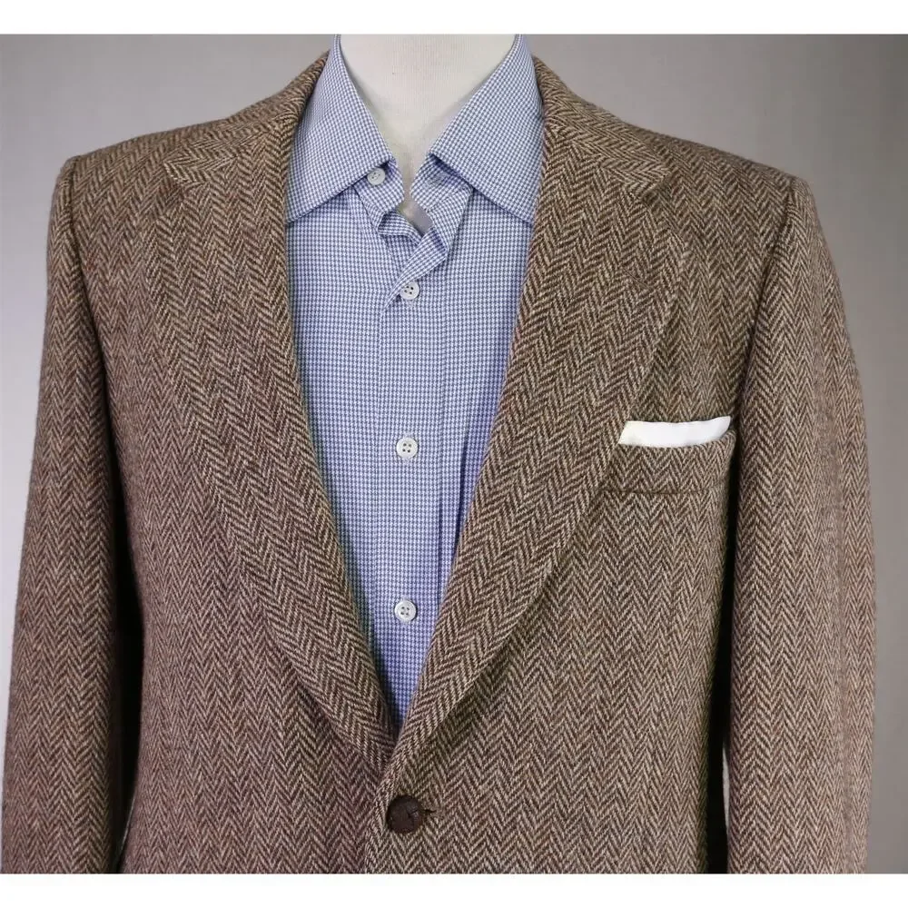 Harris Tweed Brown Herringbone Tweed 2-Btn Wool Blazer Jacket 38R